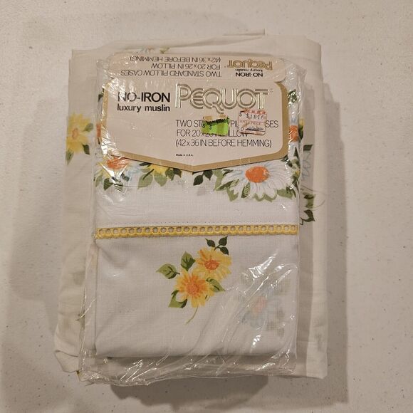 Pequot Twin Size Vintage Muslin Sheet Set Standard Pillowcases White Floral New‎ - Picture 6 of 6